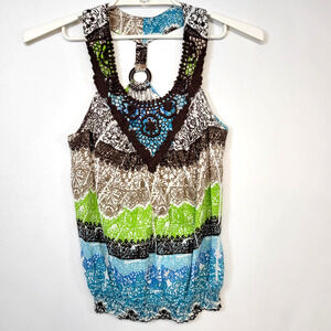 Cato Boho Tank Top Womens M Floral Crochet Racerback Ring Hippie Gypsy Festival